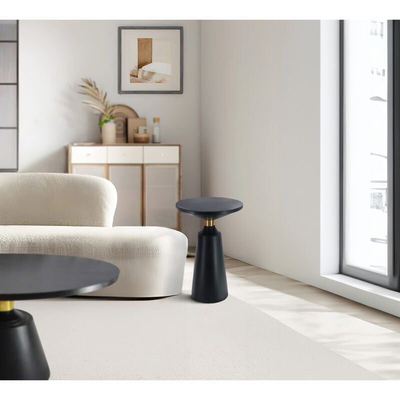 Fawn 20 Inch Side End Table, Black Mango Wood Round Top with Pedestal Base, Shiny Brass Support image number 4