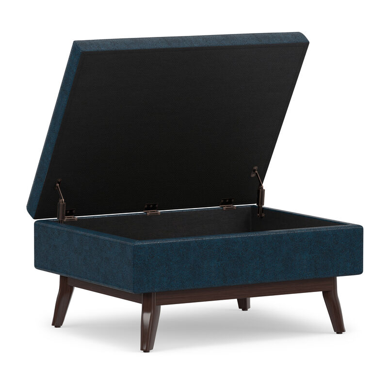 Owen 34 inch Wide Mid Century Modern Rectangle Coffee Table Storage Ottoman in Distressed Dark Blue Vegan Faux Leather, Assembled image number 3