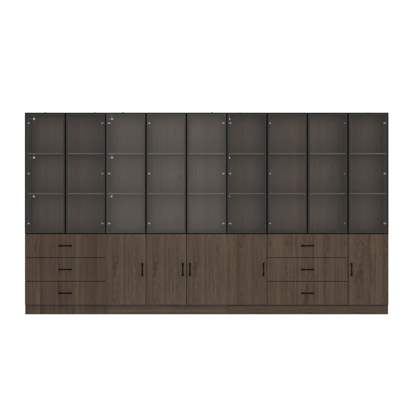 FUFU&GAGA 141.7" Woodgrain 6 Storage Cabinet with 9 Glass Doors & 6 Drawers, Tri-Color LED Lighting, Black Aluminum Frame (141.7 in. W x 15.7 in. D x 78.7 in. H) image number 0