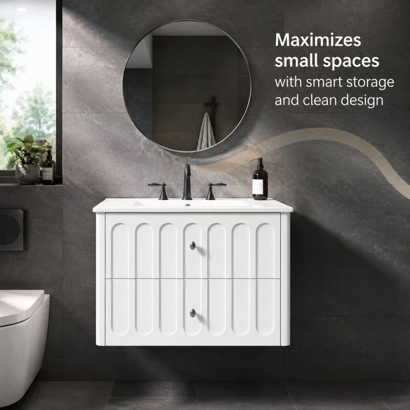 ELEMENT ACE 30 Inch Modern Wall-Mounted Floating Bathroom Vanity with Ceramic Sink, Soft-Close Drawers, Round Edges, Oval Knobs Ideal for Small Compact Bathrooms image number 4