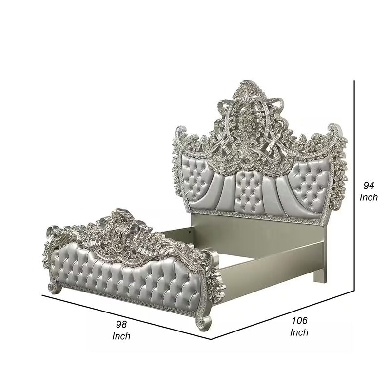 Dove King Bed, Beige Faux Leather Victorian Carved, Champagne Gold - Benzara image number 4