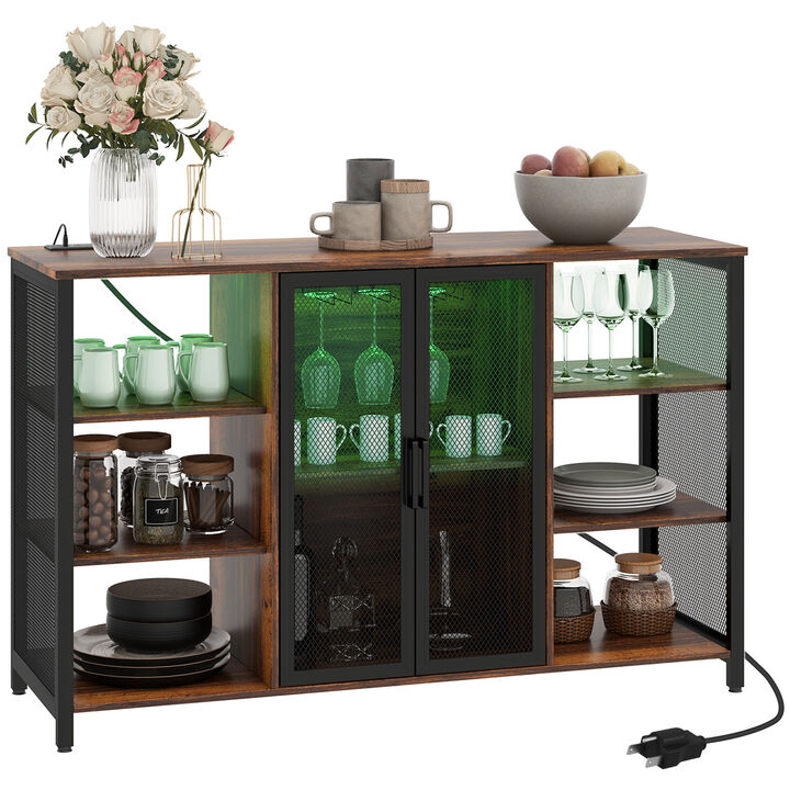 HOMCOM LED Wine Cabinet with Charging Station Glass Holders, Open Shelves