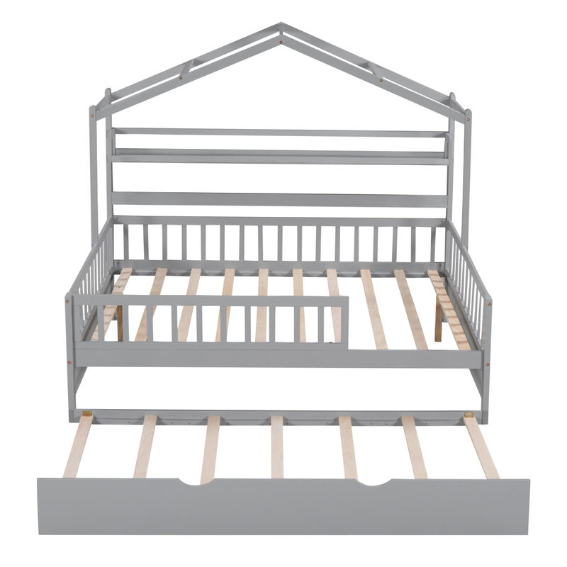 Streamdale Wooden Full Size House Bed With Twin Size Trundle, Kids Bed With Shelf