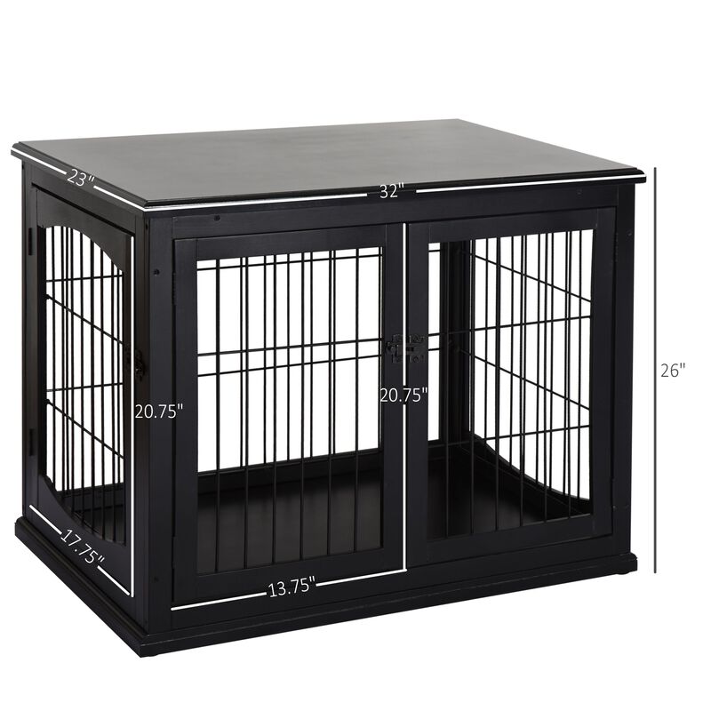 26'' Wooden Decorative Dog Cage Pet Crate Kennel with Double Door Entrance & a Simple Modern Design  Black