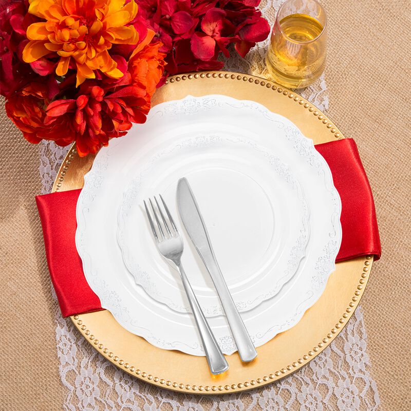 Clear with Silver Vintage Rim Round Plastic Wedding Value Set (30 Sets) image number 7