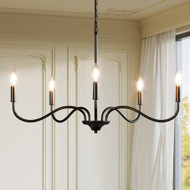 Matte Black Five-Light Modern Chandelier, Adjustable Rotating Arms image number 1