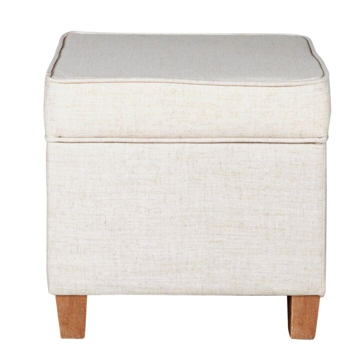 Square Shape Fabric Upholstered Ottoman with Lift Off Top and Wooden Tapered Feet, White and Brown - Benzara