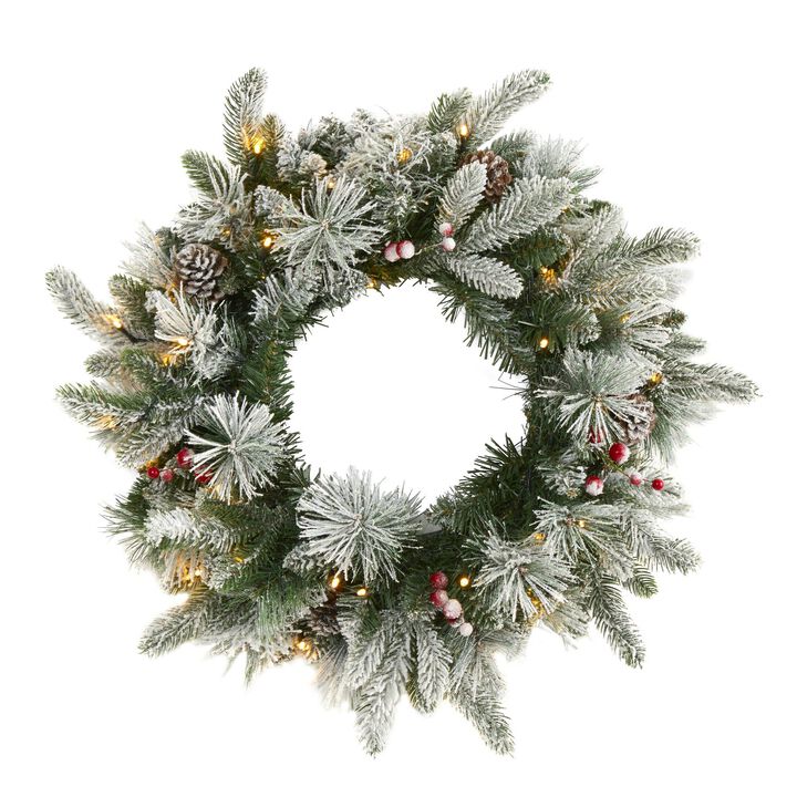 Nearly Natural 20-in Flocked Mixed Pine Artificial Christmas Wreath with 50 LED Lights, Pine Cones and Berries