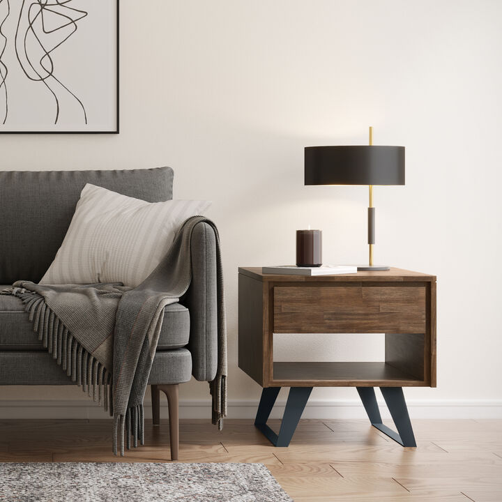 Lowry SOLID ACACIA WOOD and Metal 22 inch Wide Square Modern Industrial End Side Table in Rustic Natural Aged Brown