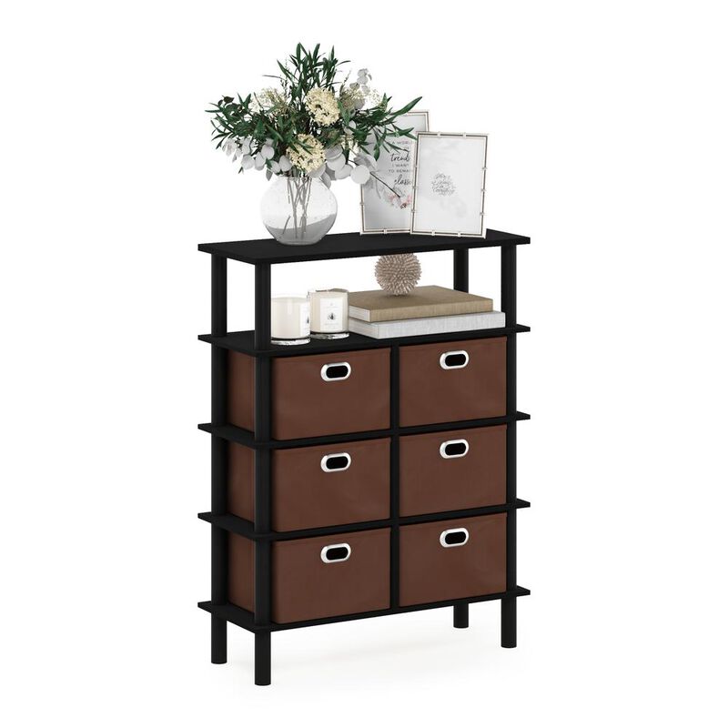 Furinno Frans Turn-N-Tube Console Table with Bin Drawers, Black Oak/Black/Brown