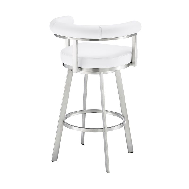 Weni 30 Inch Swivel Barstool Chair, Barrel Open Back, White, Steel Frame