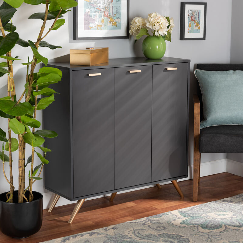Baxton Studio Kelson Modern Dark Grey and Gold Finished Wood 3 Door Shoe Cabinet