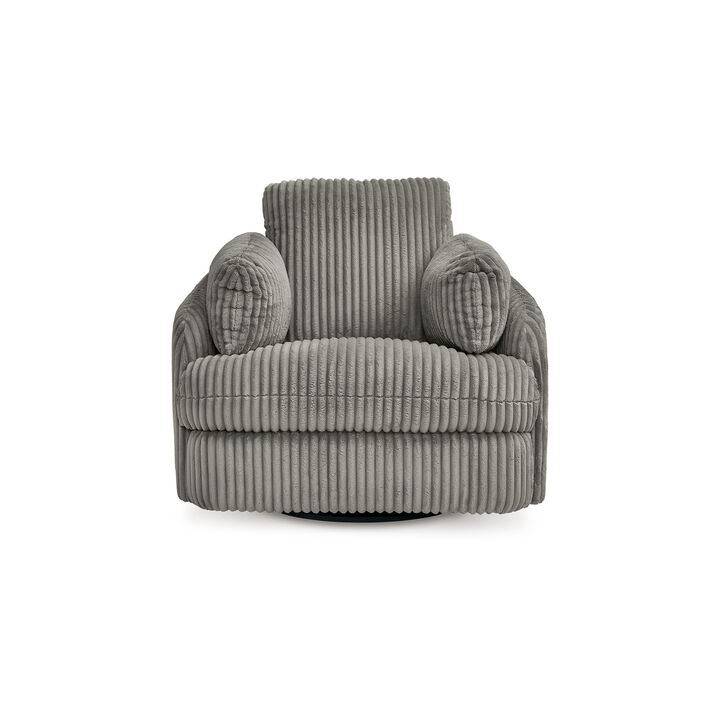 Rikki Swivel Glider Manual Recliner Chair, Gray Corduroy, 2 Pillows - Benzara