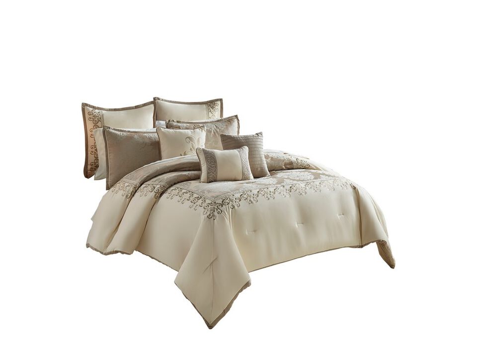 10 Piece King Polyester Comforter Set with Damask Print, Cream and Gold - Benzara