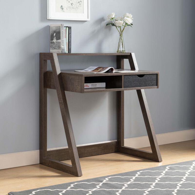 Walnut Oak & Black Home Office Desk with Lifted Shelf and USB/Power Outlet