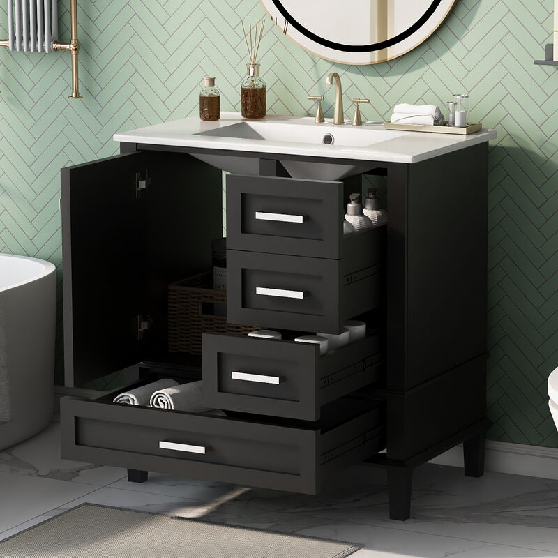 Whisen 30 in. Bathroom Storage Cabinet Bathroom Vanity with Ceramic Sink, Soft Close Door and 3 Drawers