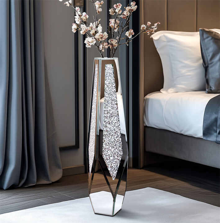 XL Floor Vase Sparkle Diamond Crushed Silver Mirrored Vase Bevelled Border Base
