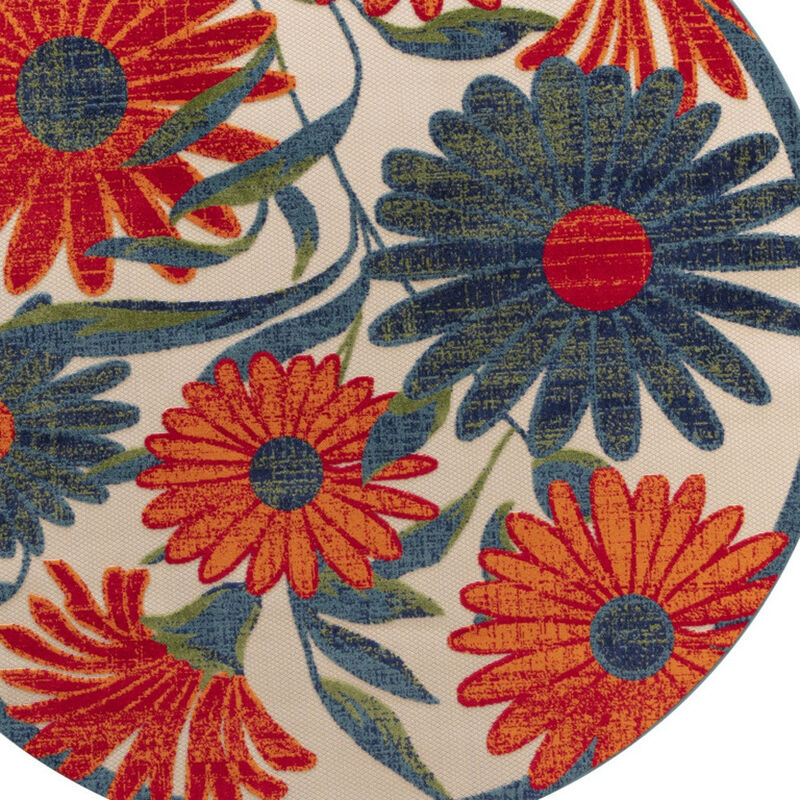HomeRoots 5' Ivory Blue And Orange Round Floral Indoor Outdoor Area Rug image number 4