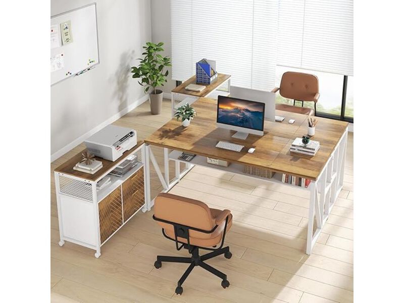 Office Desk Set &ndash; 63" Light Walnut L‑Shaped Executive Computer Table with File Cabinet image number 1