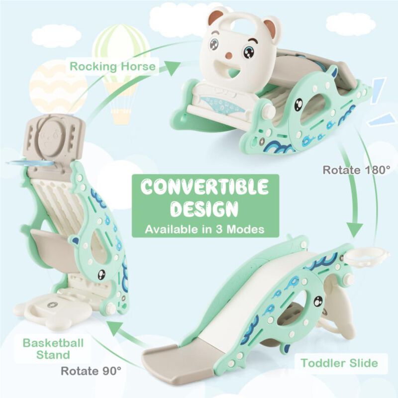 Hivvago 4-in-1 Kids Slide Rocking Horse with Basketball and Ring Toss