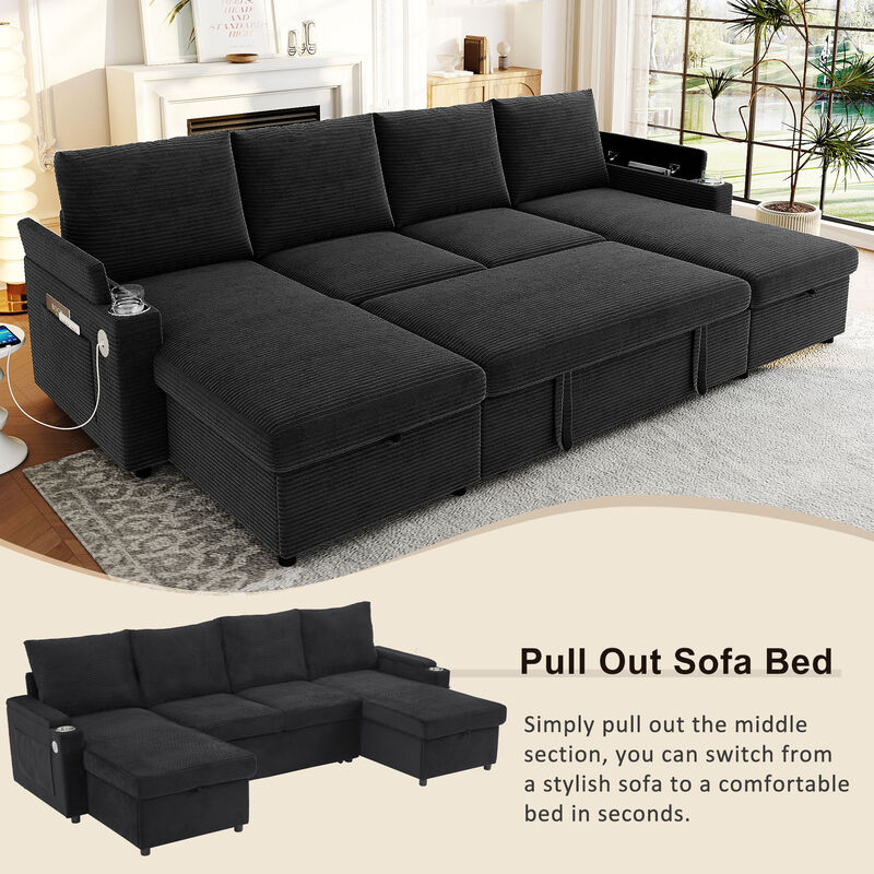 Merax Convertible Sofa Bed U-Shaped Sectional Sofa Modern Upholstered Sofa with Storage Chaise Lounges