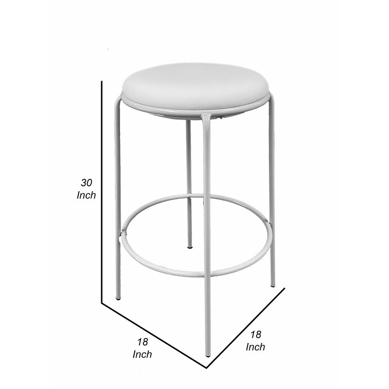 Neni 30 Inch Barstool Set of 2, Round Cushioned Seat, White Faux Leather - Benzara