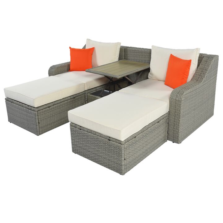 3 Piece Patio Sofa Lounger With Ottoman, Built In Table, White and Gray-Benzara
