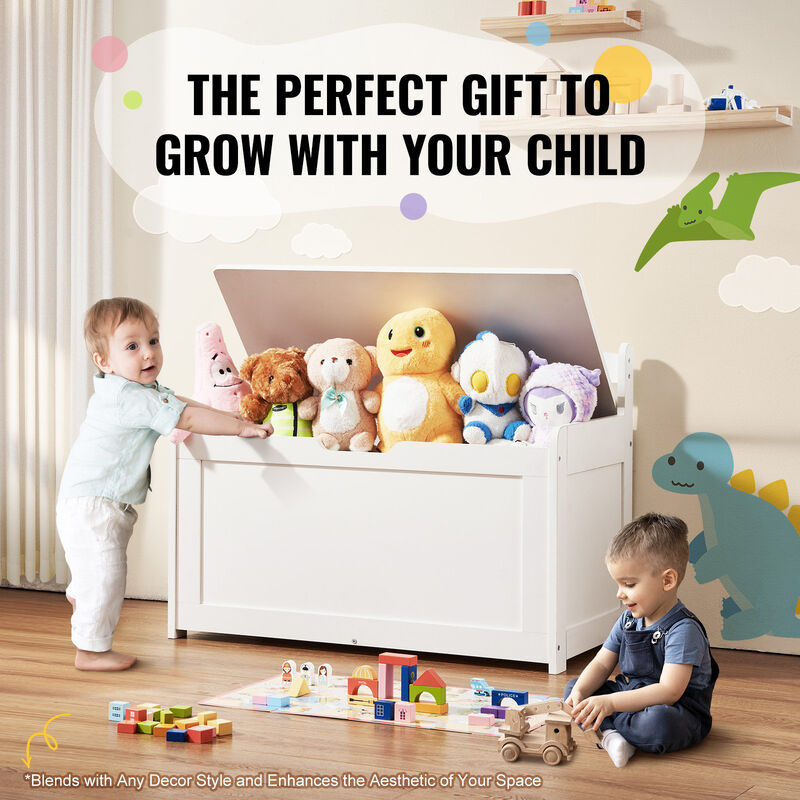 Wooden Toy Chest with Flip-Top Lid and Safety Hinge for Kids' Room or Playroom