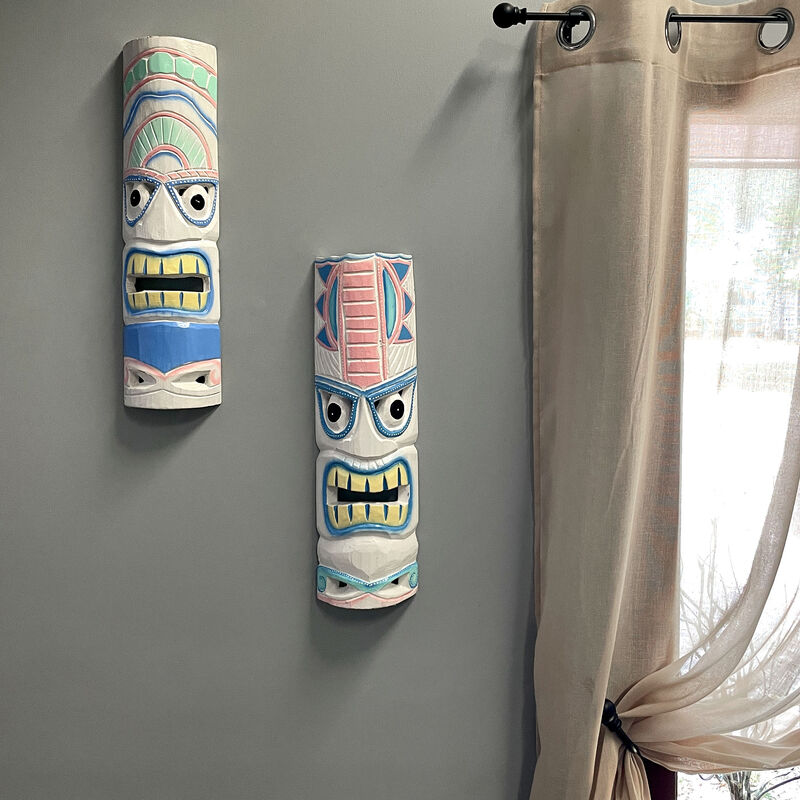 Set of 2 - 20" Pastel Pink & Blue Tiki Masks Wood Wall Decor Indoor/Outdoor image number 9