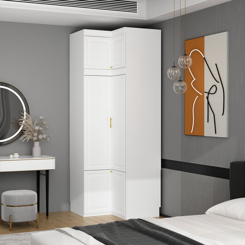 FUFU&GAGA  Tall Corner Wardrobe with Adjustable Shelves and Hanging Rod, (35.4" W x 35.4" D x 93.9" H),White