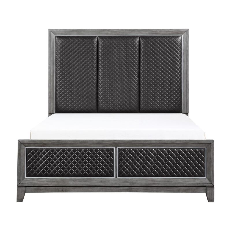 Stacy Queen Bed, Gray Faux Leather Upholstered Panels, Silver, Gray Wood