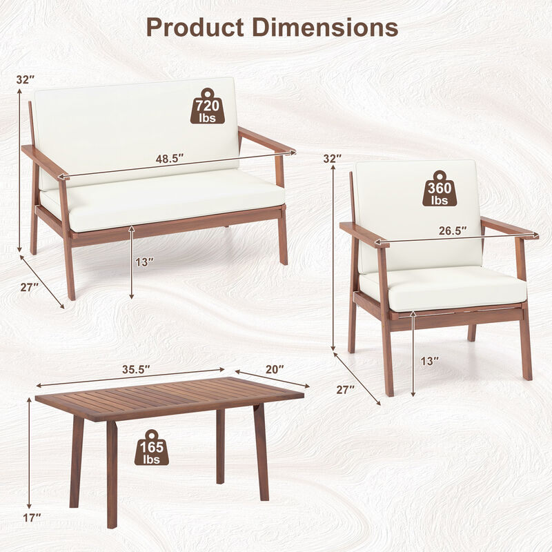 4 Piece Outdoor Acacia Wood Conversation Set with Soft Seat and Back Cushions