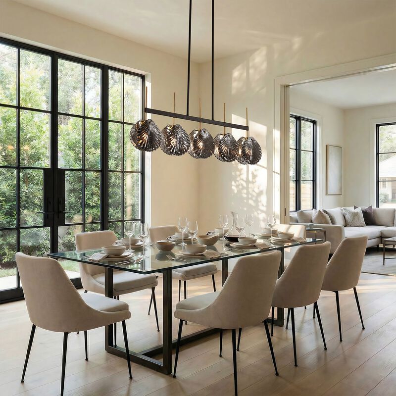 Five-Light Linear Chandelier, Smoky Gray Shell Glass, Black and Gold image number 4