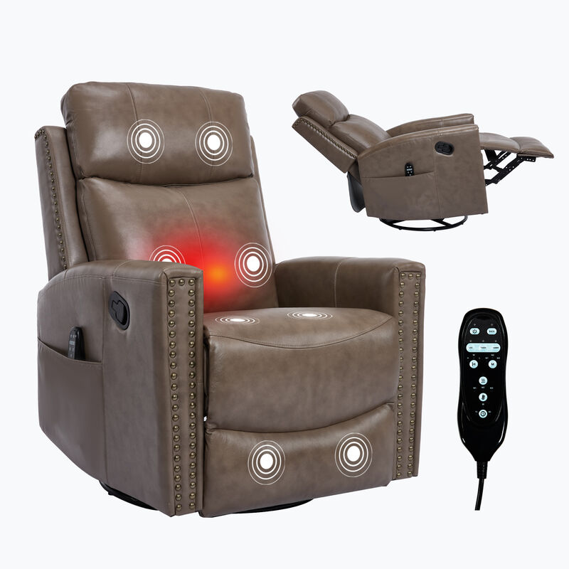 Gnuine Leather Heat Massage Manual Recliner Chair with Rocker and Swivel image number 0