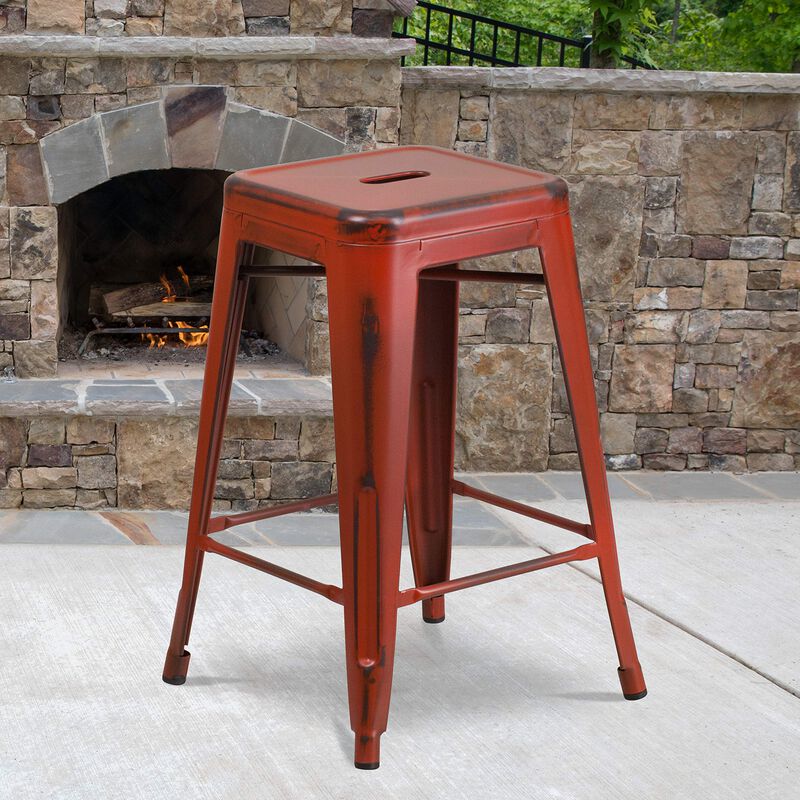 Flash Furniture Commercial Grade 24" High Backless Distressed Kelly Red Metal Indoor-Outdoor Counter Height Stool image number 1