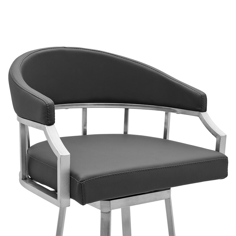 Myla 30 Inch Vegan Faux Leather Bar Stool Chair, Swivel, Metal Legs, Gray-Benzara image number 4