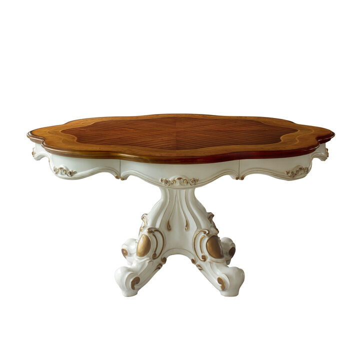 Wooden Top Dining Table With Pedestal Feet, Antique Pearl & Cherry Oak - Benzara