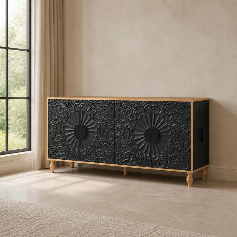 Carved Symmetrical Design Black Door TV Stand Table image number 3