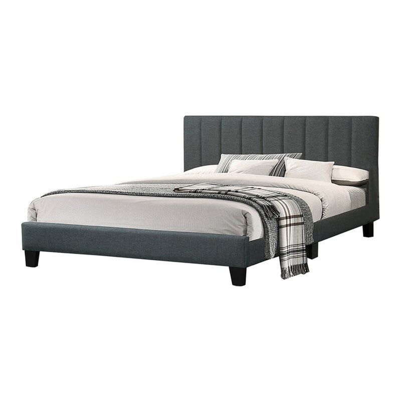 Eve Platform King Size Bed, Vertical Channel Tufting, Charcoal Upholstery - Benzara