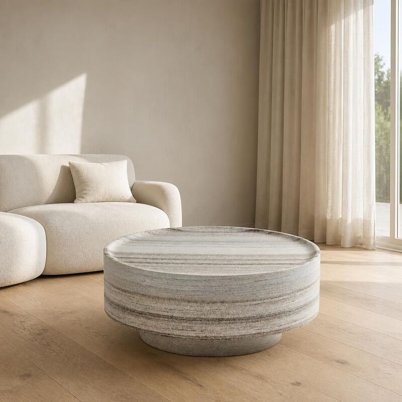 GOODSILO Round 31.5 Inch Mars Vein Marble Effect Drum Coffee Table, Living Room Statement Accent Furniture For Family Gatherings And Cozy Relaxation image number 2