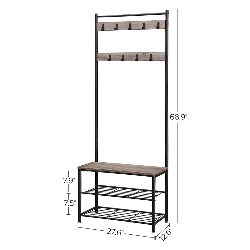 Coat Rack and Shoe Bench with Storage Shelf and Metal Frame