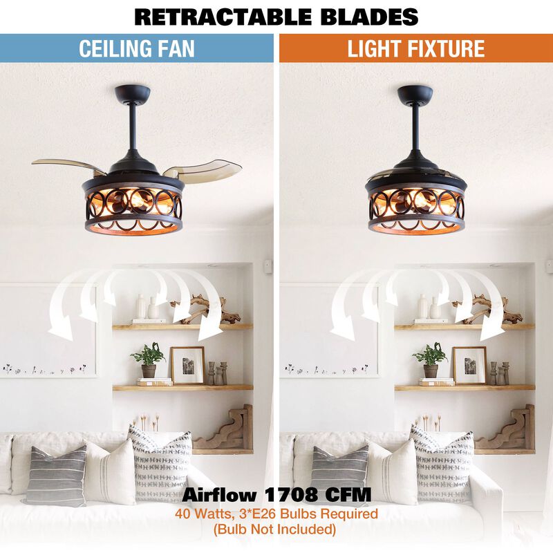 36" Metal Retractable 3-Blade Ceiling Fan Chandelier with Wall Switch