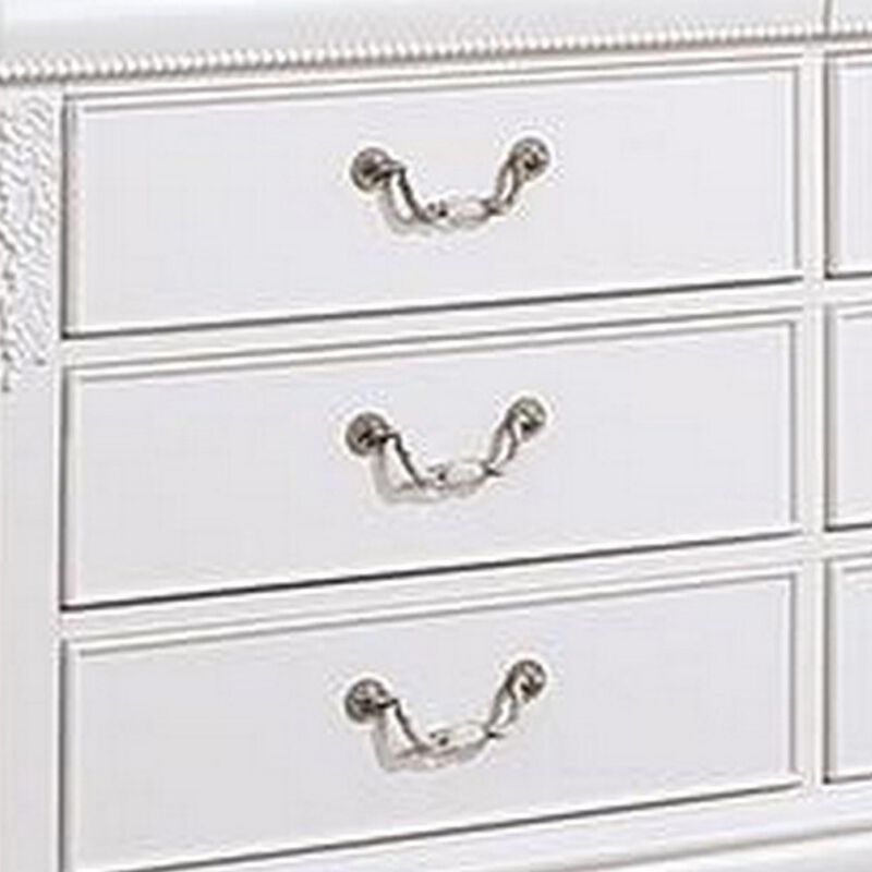 Benjara Aleci 54 Inch Wide Dresser Chest, 6 Drawers, Carved Detail, Wood, White and Nickel
