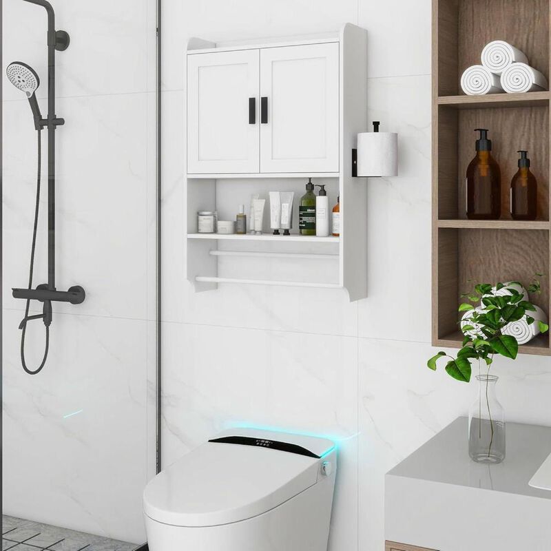 Hivvago White Bathroom Wall Cabinet with Towel Bar and Storage Shelf image number 3