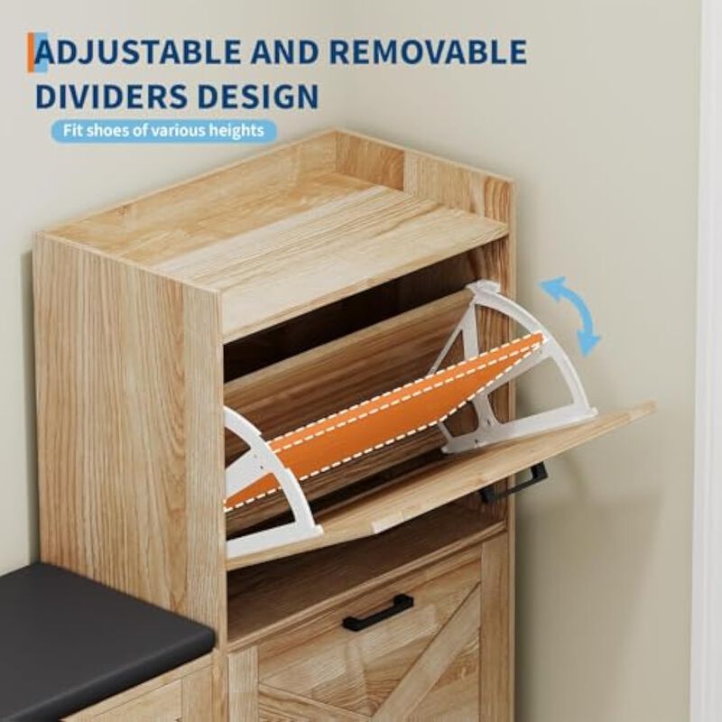 Slim Entryway Wood Shoe Storage Bench Flip Drawer 4 Drawers image number 3