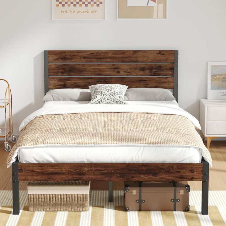 Metal Platform Bed Frame with Rustic Wood Headboard in Farmhouse Style