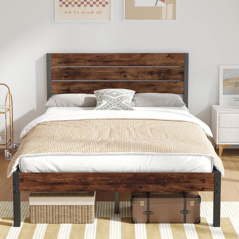 Metal Platform Bed Frame with Rustic Wood Headboard in Farmhouse Style