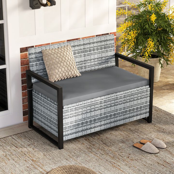 Patio Wicker Storage Bench Outdoor Loveseat with 40 Gallon Built-in Storage and Cushion