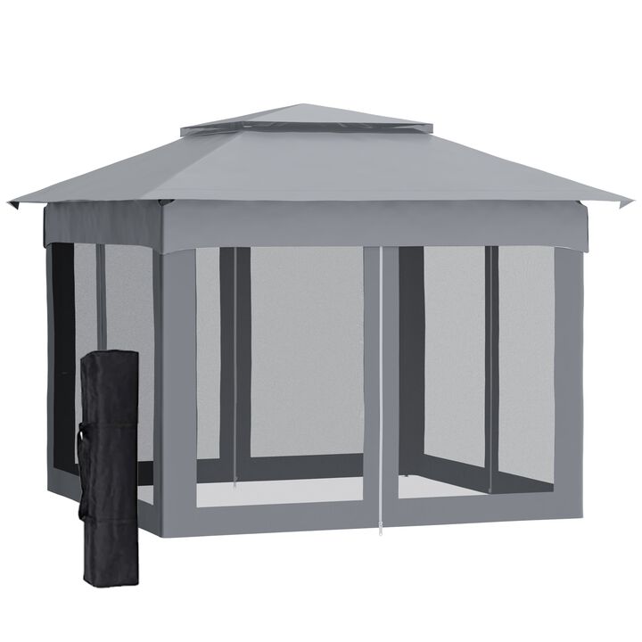 11' x 11' Pop Up Gazebo Outdoor Canopy Shelter with 2-Tier Soft Top and Removable Zipper Netting, Large Shade, Storage Bag for Patio, Grey