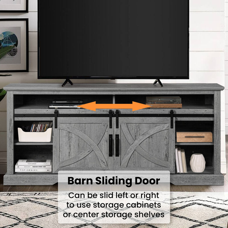 68" Light Gray TV Stand with Open Storage Shelves and Cabinets Media Console for TVs up to 78"